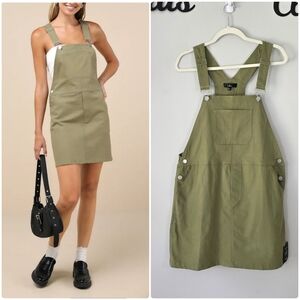 Lulu's Cutest Spirit Olive Green Twill Overall Mini Dress With Pockets Large NWT